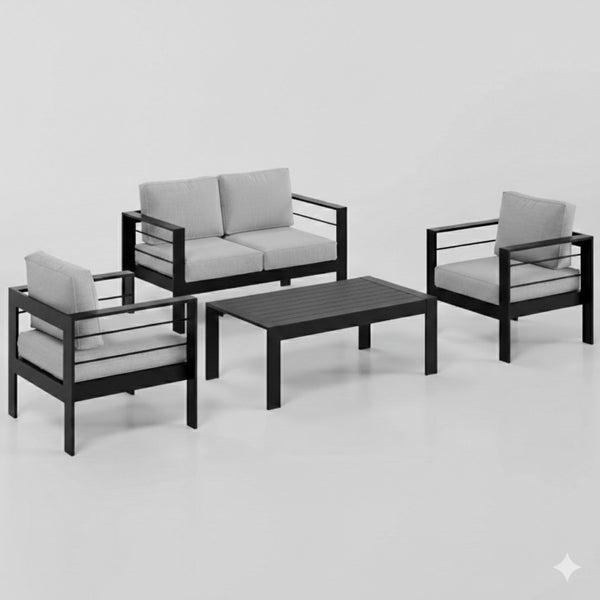 English Elm 4-piece Outdoor Cast Aluminum Conversation Set Resort Style Patio Seating with Wpc Table Light Gray B082S00097