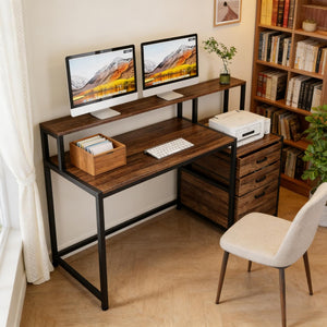 English Elm Sturdy Two-tier Computer Desk with File Cabinet and Monitor Riser for Home Office Black,Rustic Brown T3971P450685
