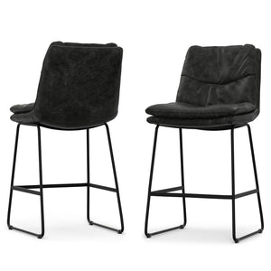 English Elm Danika Upholstered Counter Stool Set of 2 — Distressed Vegan Leather, Tufted Padded Seat, Metal Base Charcoal+Grey B136P252648