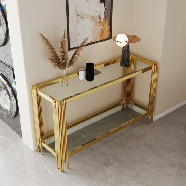 English Elm Top Double Layer Console Table With Tempered Glass Shelves & Luxe Gold Stainless Steel Frame Design W1241S00395-GIGA