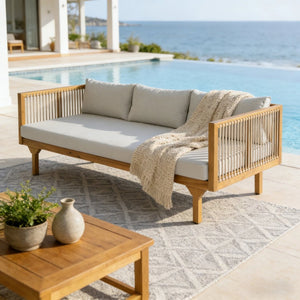 English Elm Outdoor Acacia Wood Sofa with Woven Rope Accents Teak Finish Patio Seating N770P354675L