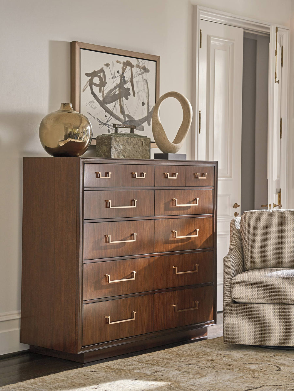 Lexington Ascot Ten Drawer Gentleman Chest in Walnut Veneer with Rose Gold Hardware 743-329