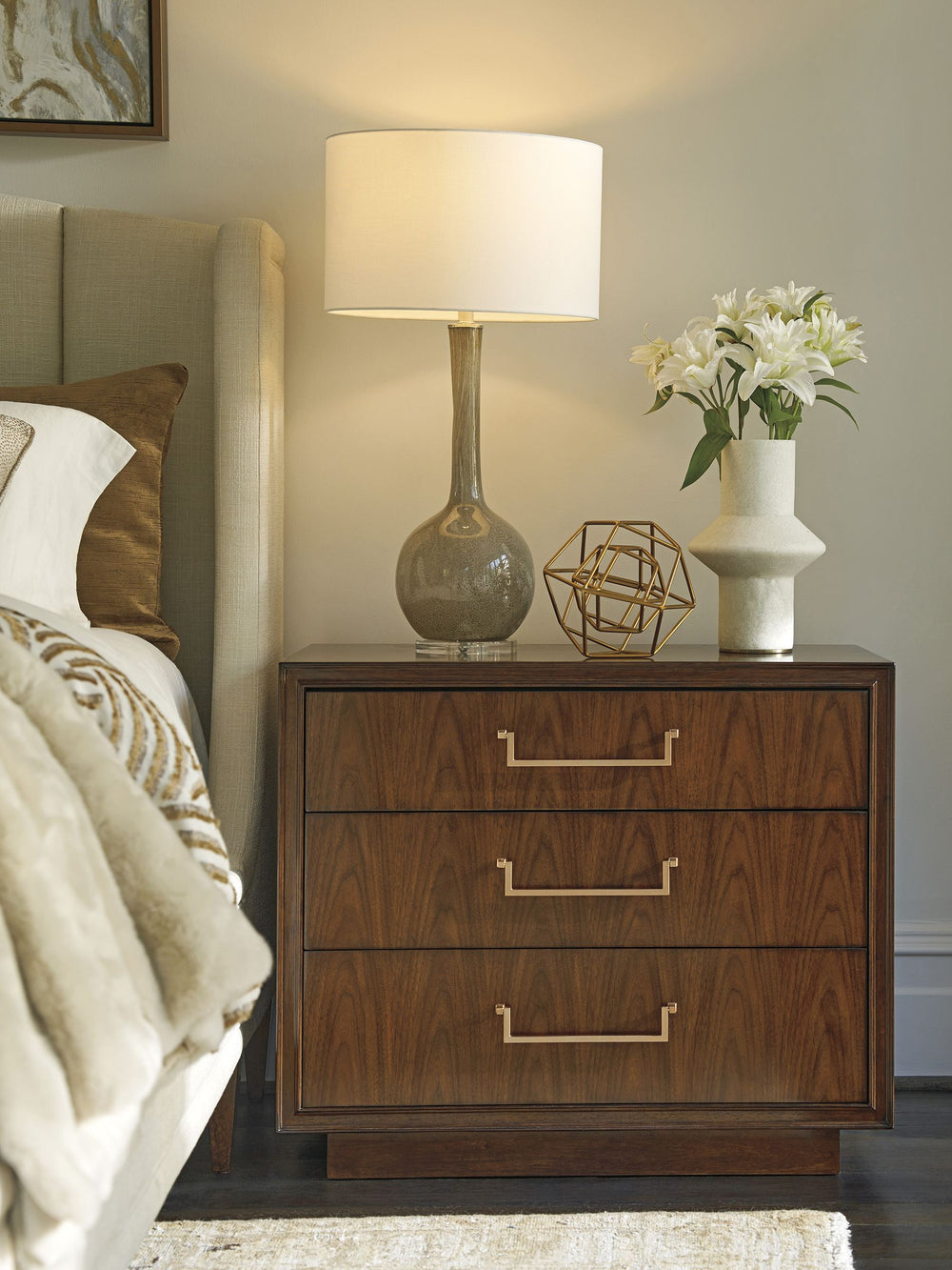 Lexington Camden Walnut Veneer Nightstand with Rose Gold Hardware and Soft Close Drawers 743-621