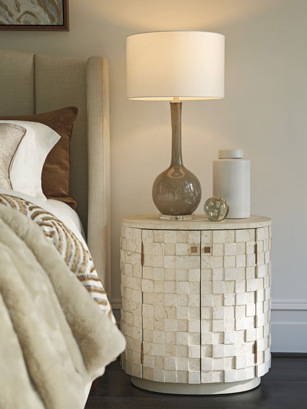 Lexington Albion Limestone Oval Nightstand with Walnut Veneer Doors and Rose Gold Hardware 743-624