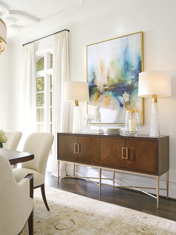 Stratford Walnut Veneer Sideboard with Rose Gold Accents and Tapered Metal Legs