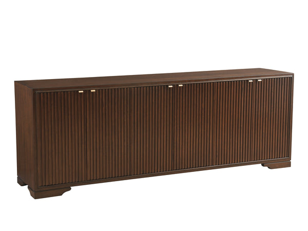 Lexington Brentford Walnut Veneer Media Console with Reeded Doors and Rose Gold Accents 743-907