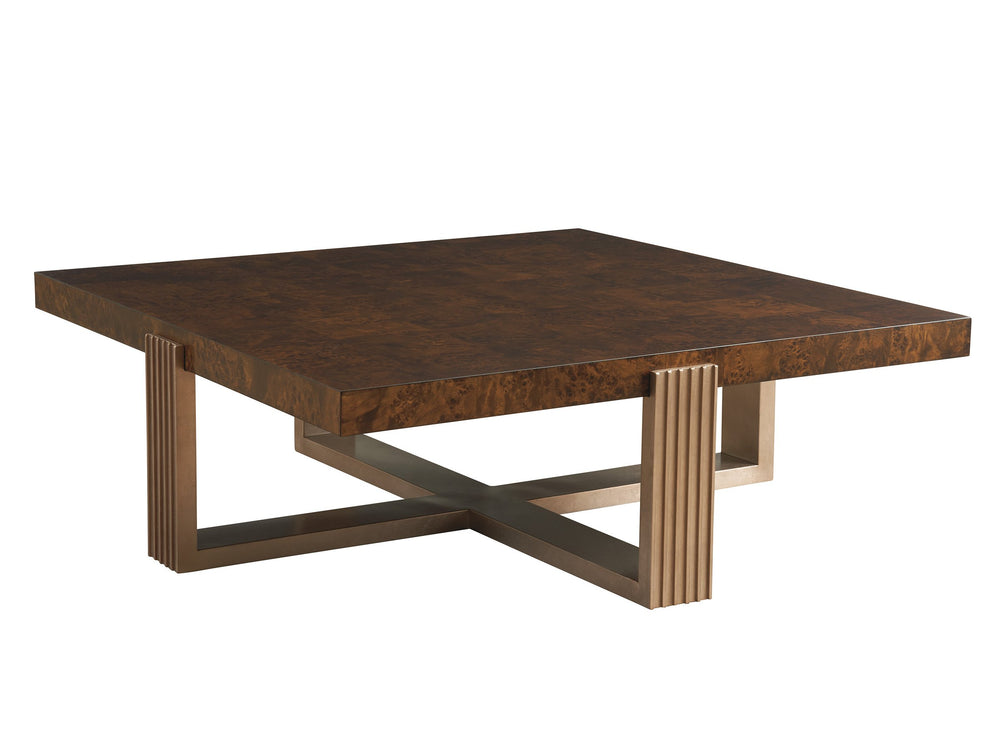 Lexington Holloway Walnut Burl Square Coffee Table with Rose Gold Metal Base for Living Rooms 743-947