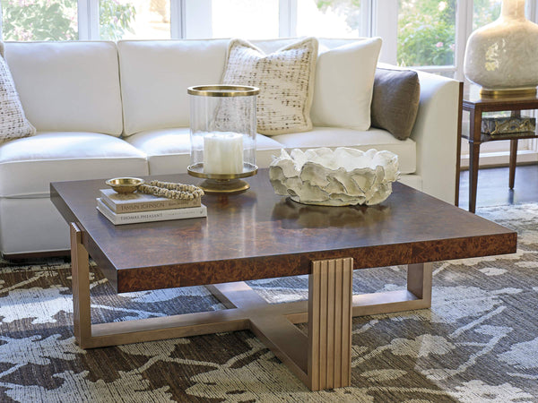 Holloway Walnut Burl Square Coffee Table with Rose Gold Metal Base for Living Rooms