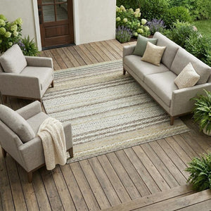 10 X 14 Ivory Beige Stripe Polyester Area Rug Washable for Indoor Outdoor Spaces