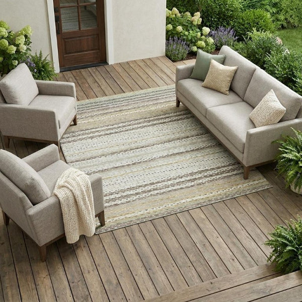 10 X 14 Ivory Beige Stripe Polyester Area Rug Washable for Indoor Outdoor Spaces