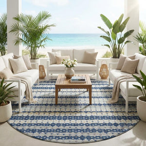 8 Ft Round Striped Polyester Area Rug Washable Indoor Outdoor Navy Geometric