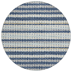 HomeRoots 8 Ft Round Striped Polyester Area Rug Washable Indoor Outdoor Navy Geometric 743011
