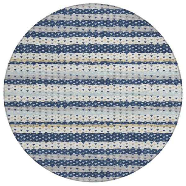 HomeRoots 8 Ft Round Striped Polyester Area Rug Washable Indoor Outdoor Navy Geometric 743011