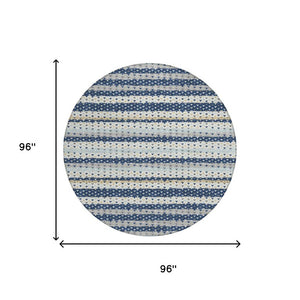 8 Ft Round Striped Polyester Area Rug Washable Indoor Outdoor Navy Geometric