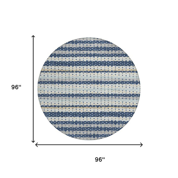 8 Ft Round Striped Polyester Area Rug Washable Indoor Outdoor Navy Geometric