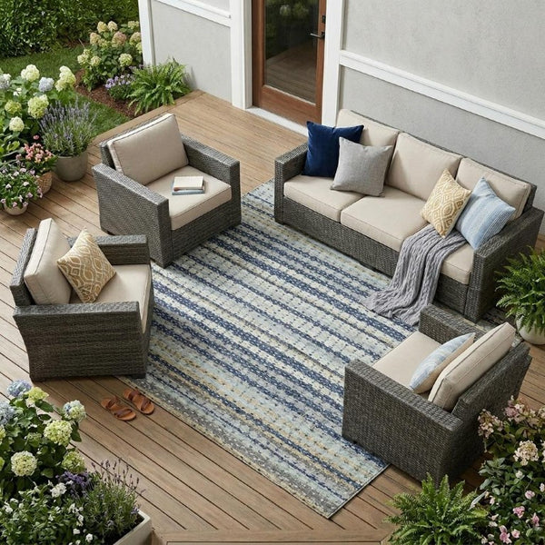8x10 Navy Striped Washable Polyester Area Rug for Indoor Outdoor Patio Living Room