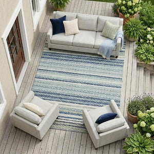9x12 Blue Ivory Stripe Polyester Area Rug Washable Stain Resistant Indoor Outdoor