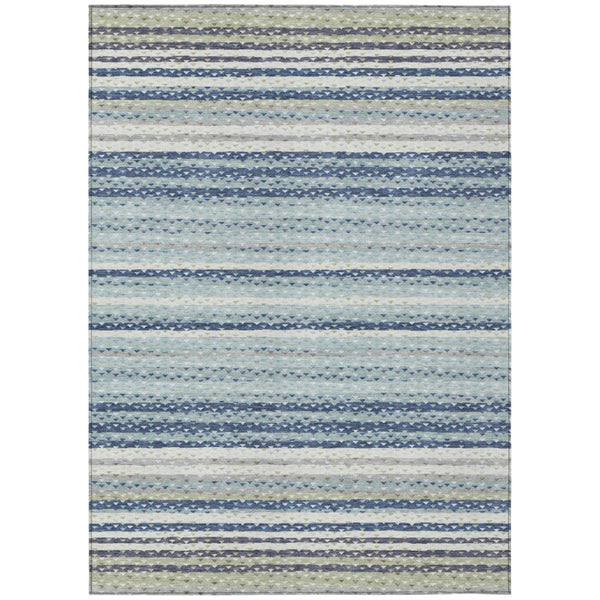 HomeRoots 9x12 Blue Ivory Stripe Polyester Area Rug Washable Stain Resistant Indoor Outdoor 743019