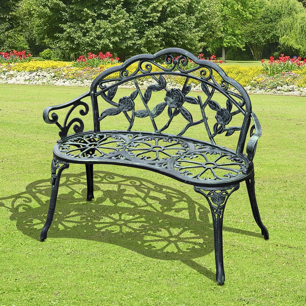 English Elm Outsunny Elegant Cast Aluminum Outdoor Bench With Floral Accents, Antique Green Finish For Patios W2225P174084-GIGA