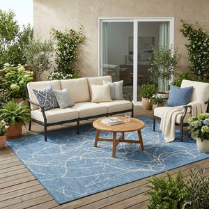 5x8 Abstract Denim Blue Polyester Area Rug Washable Stain Resistant Indoor Outdoor