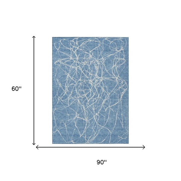 5x8 Abstract Denim Blue Polyester Area Rug Washable Stain Resistant Indoor Outdoor
