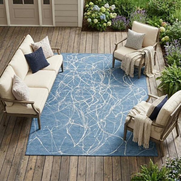 9 X 12 Abstract Denim Polyester Area Rug Washable Stain Resistant Indoor Outdoor