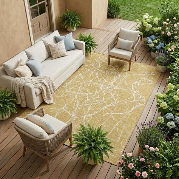 8 X 10 Gold Wheat Abstract Polyester Area Rug Stain Resistant Indoor Outdoor