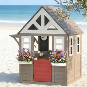 English Elm Imaginative Fir Wood Outdoor Kids Playhouse with Stove Set Flower Boxes and Pet Door T3971P491772