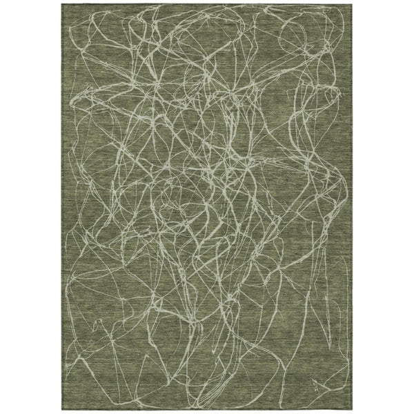 HomeRoots 5x8 Abstract Olive Green Polyester Area Rug Washable for Patio Porch or Living Room 743088