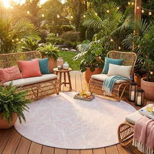 8 Foot Round Abstract Polyester Area Rug Pink Washable for Indoor Outdoor Use