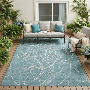 5x8 Abstract Teal Ivory Polyester Area Rug Washable Stain Resistant Indoor Outdoor