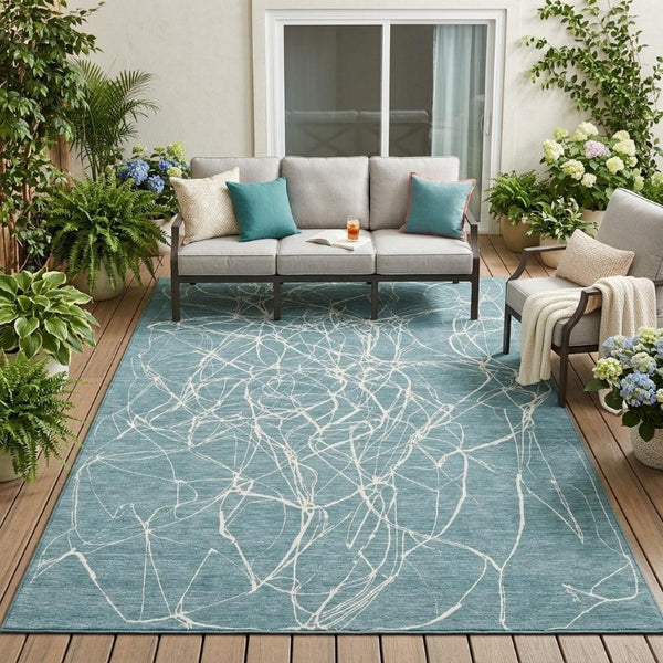 5x8 Abstract Teal Ivory Polyester Area Rug Washable Stain Resistant Indoor Outdoor