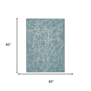 5x8 Abstract Teal Ivory Polyester Area Rug Washable Stain Resistant Indoor Outdoor