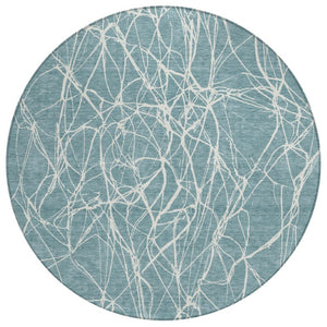HomeRoots 8 Ft Round Abstract Polyester Area Rug Washable Indoor Outdoor Teal Geometric 743101