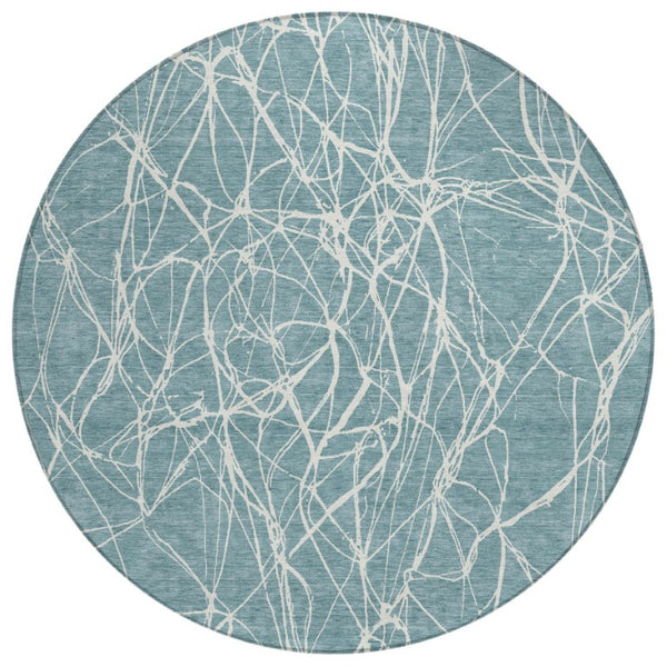 HomeRoots 8 Ft Round Abstract Polyester Area Rug Washable Indoor Outdoor Teal Geometric 743101