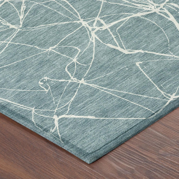8 Ft Round Abstract Polyester Area Rug Washable Indoor Outdoor Teal Geometric