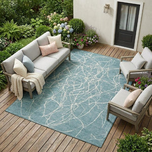 8x10 Teal Ivory Abstract Polyester Area Rug Washable Stain Resistant Indoor Outdoor