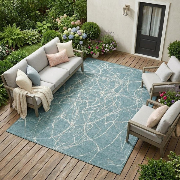8x10 Teal Ivory Abstract Polyester Area Rug Washable Stain Resistant Indoor Outdoor