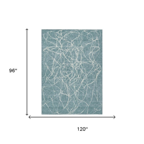 8x10 Teal Ivory Abstract Polyester Area Rug Washable Stain Resistant Indoor Outdoor
