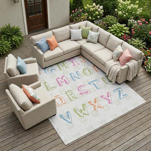 8x10 Ivory Geometric Polyester Area Rug Washable Stain Resistant Indoor Outdoor Patio
