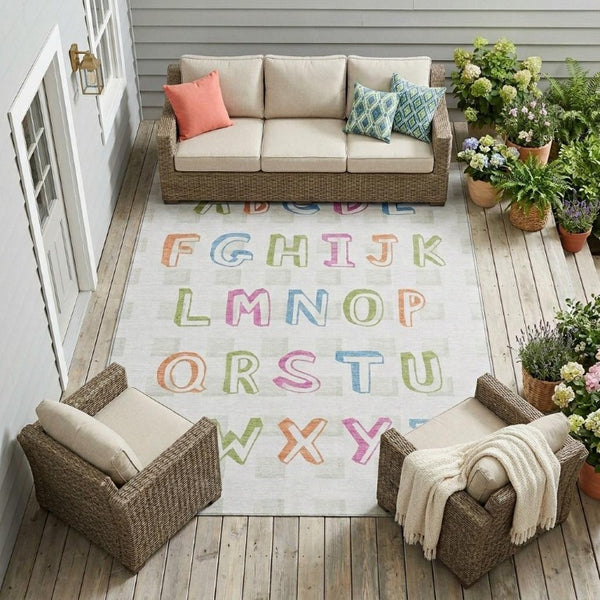 9 X 12 Ivory White Geometric Polyester Area Rug Washable Indoor Outdoor Living