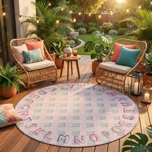 8 Foot Round Geometric Polyester Area Rug in Pink Washable for Patio or Family Room