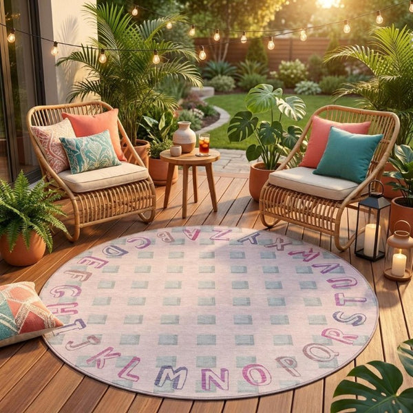 8 Foot Round Geometric Polyester Area Rug in Pink Washable for Patio or Family Room