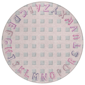 HomeRoots 8 Foot Round Geometric Polyester Area Rug in Pink Washable for Patio or Family Room 743119