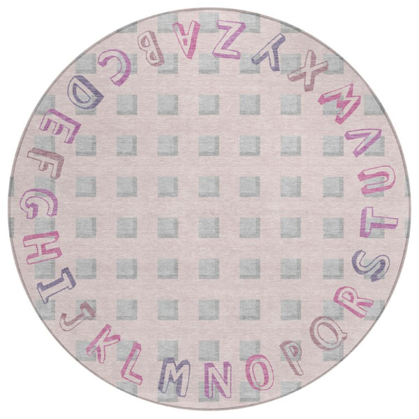 HomeRoots 8 Foot Round Geometric Polyester Area Rug in Pink Washable for Patio or Family Room 743119