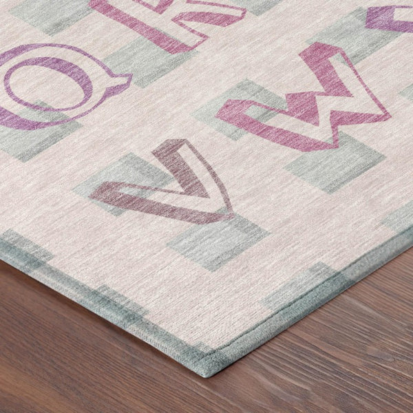 8 Foot Round Geometric Polyester Area Rug in Pink Washable for Patio or Family Room