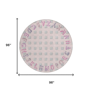 8 Foot Round Geometric Polyester Area Rug in Pink Washable for Patio or Family Room