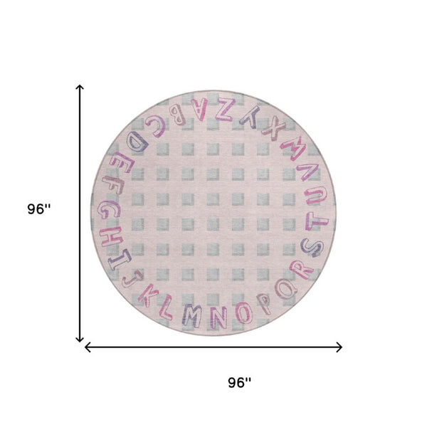 8 Foot Round Geometric Polyester Area Rug in Pink Washable for Patio or Family Room