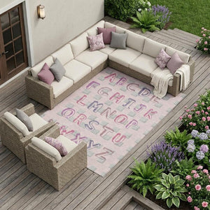 8 Ft X 10 Ft Pink Linen Geometric Polyester Washable Rug for Patio or Living Room