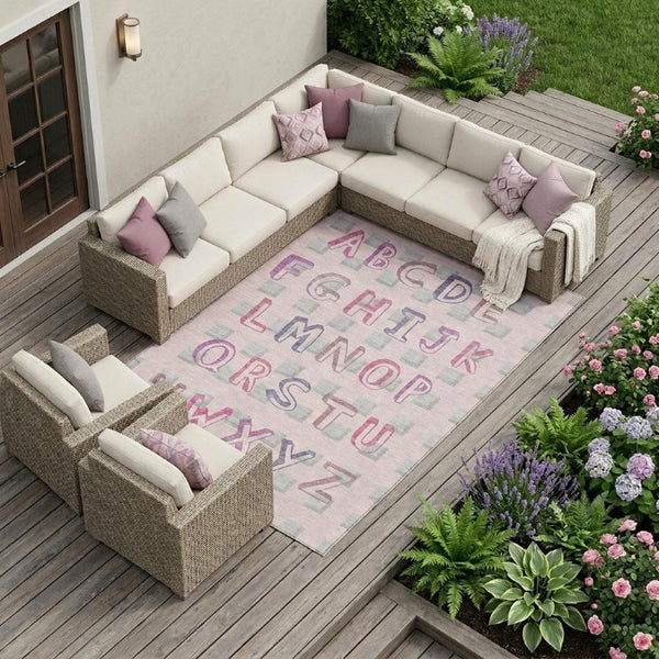 8 Ft X 10 Ft Pink Linen Geometric Polyester Washable Rug for Patio or Living Room
